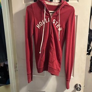Hollister Red Zip Hoodie with White Drawstrings